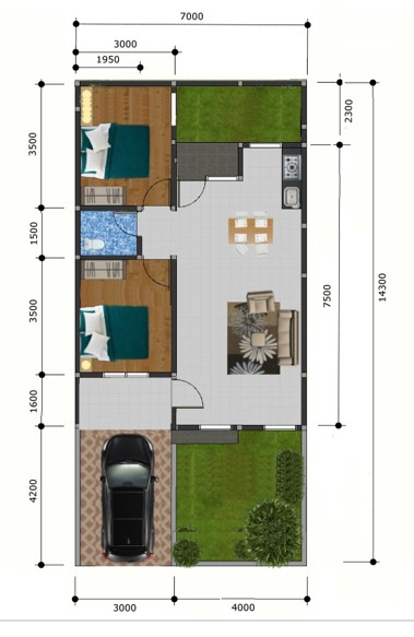 "denah rumah 7x14m"
