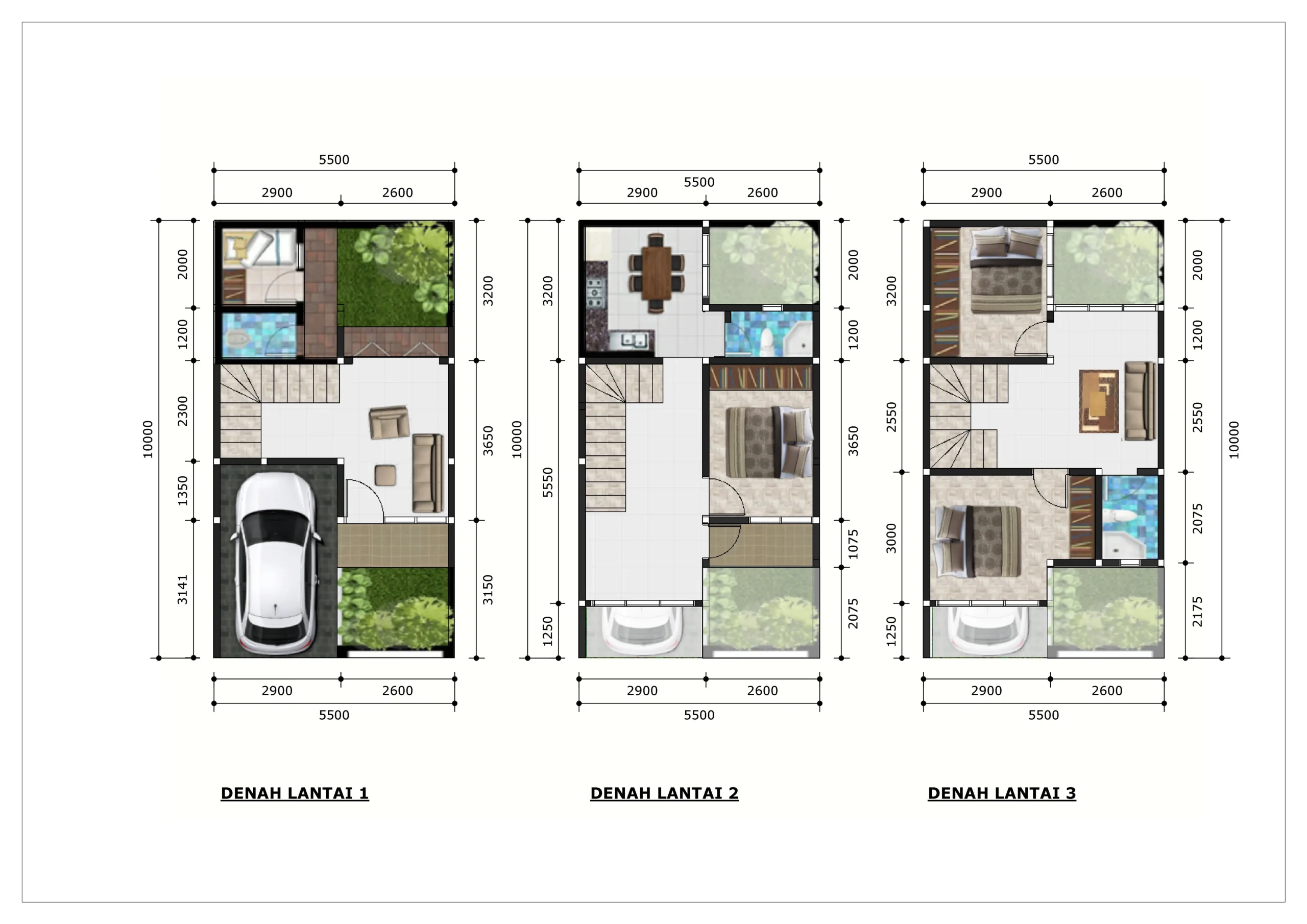 "denah rumah 3 lt 5x10m"