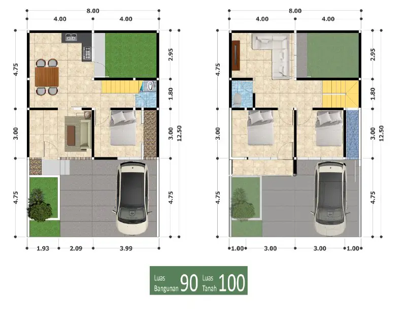 "denah rumah tipe 90/100"